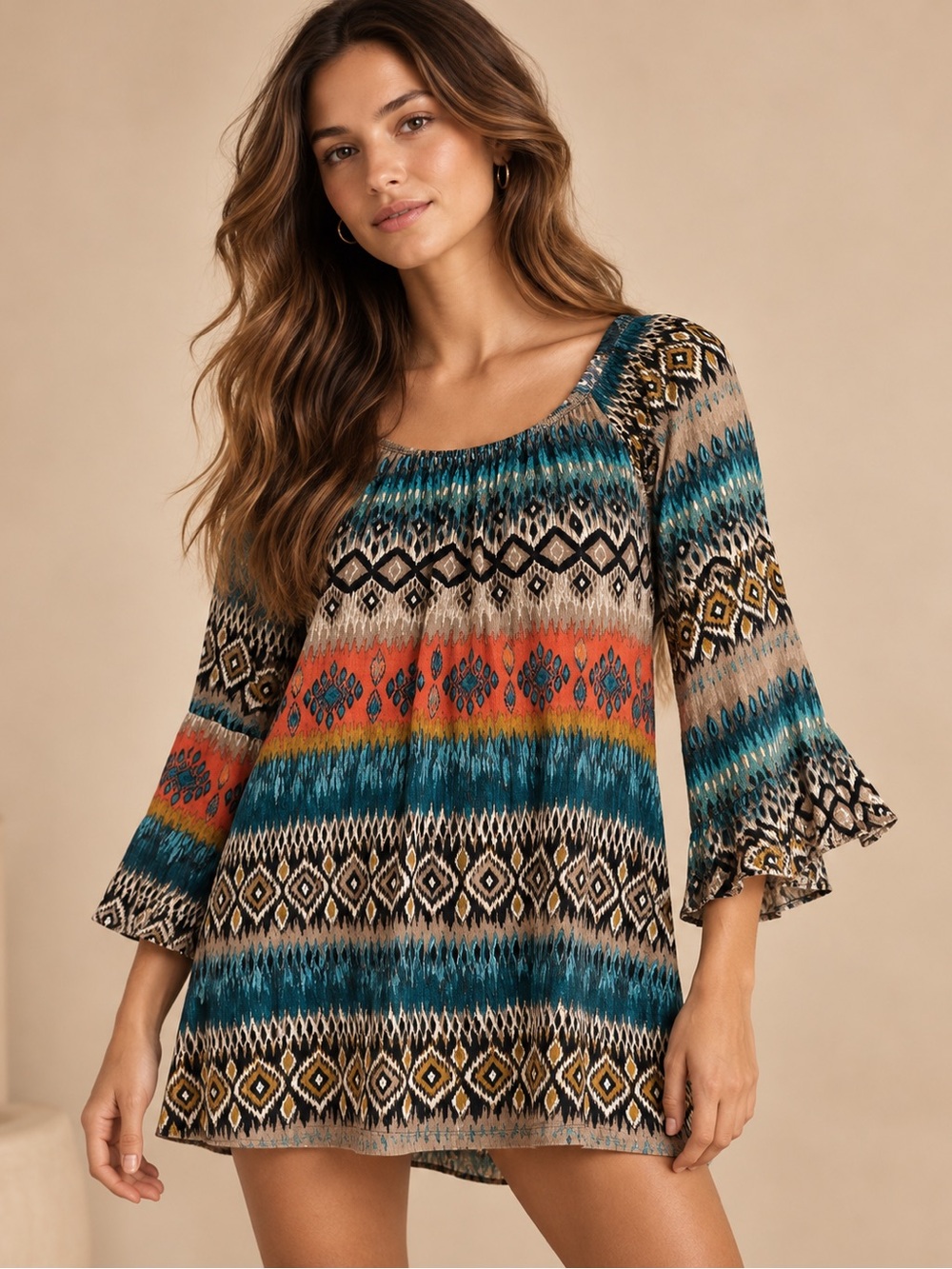 Voll Multicolor Boho Geometric Bell Sleeve Tunic Top XL